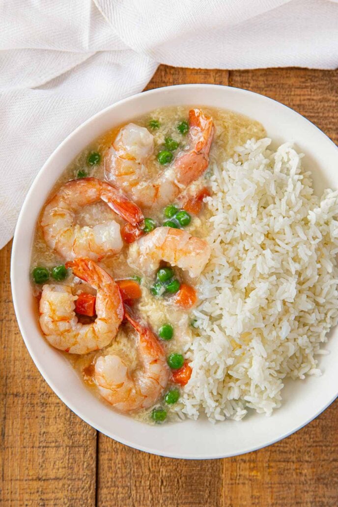 Shrimp in Lobster Sauce in white bowl