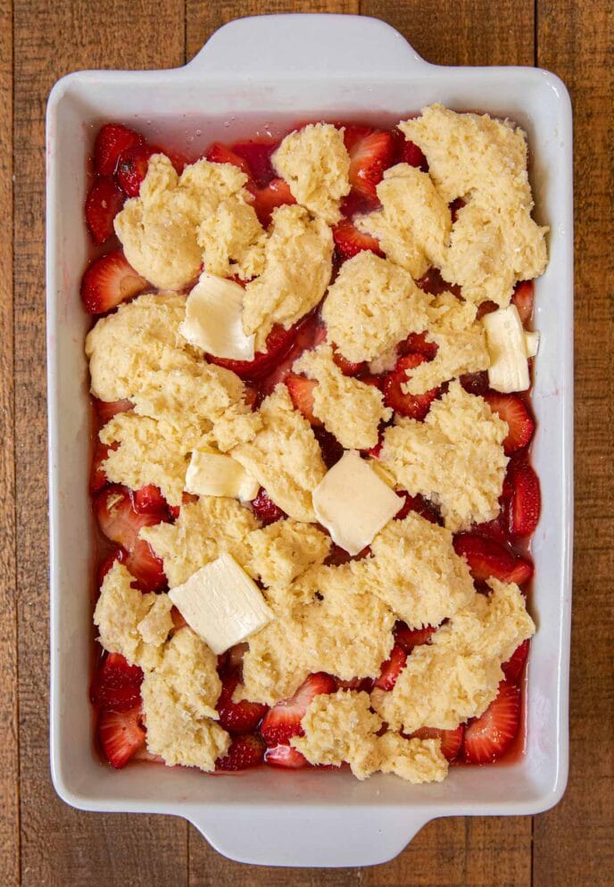 Strawberry Cobbler in baking dish