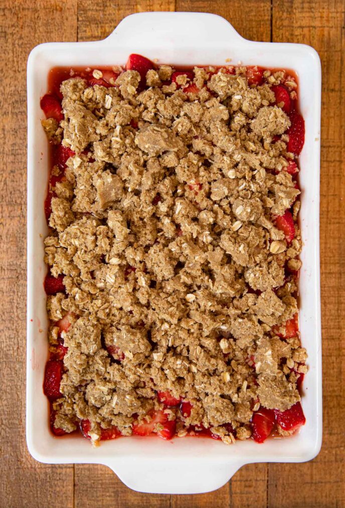 Strawberry Crsip in baking dish before baking