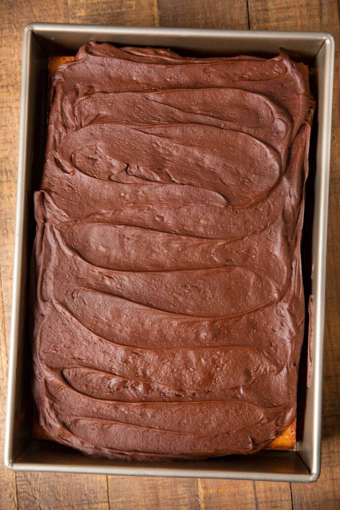 Yellow Sheet Cake with Chocolate Frosting in baking pan