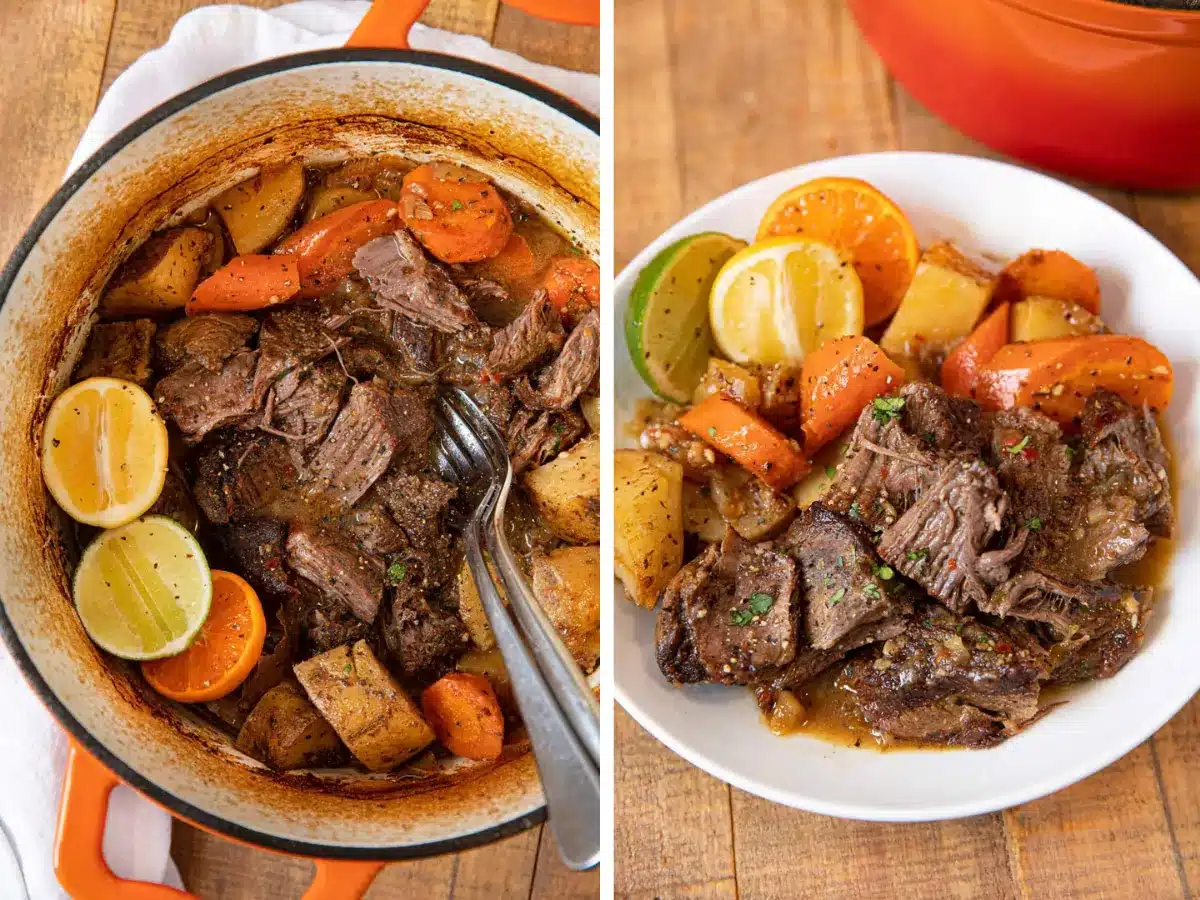 collage of shredded roast in pot and roast in bowl with veggies 