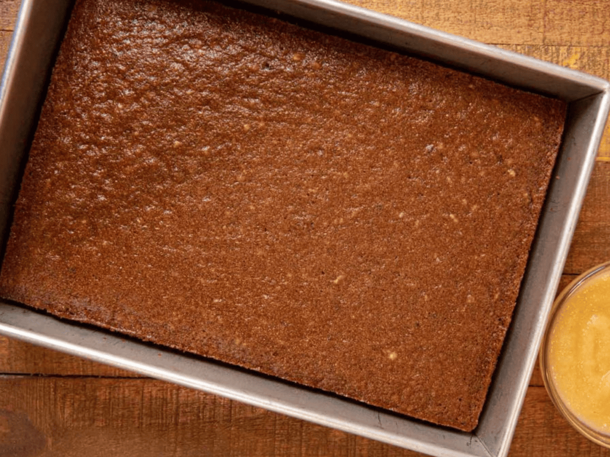Top view of cake in baking pan