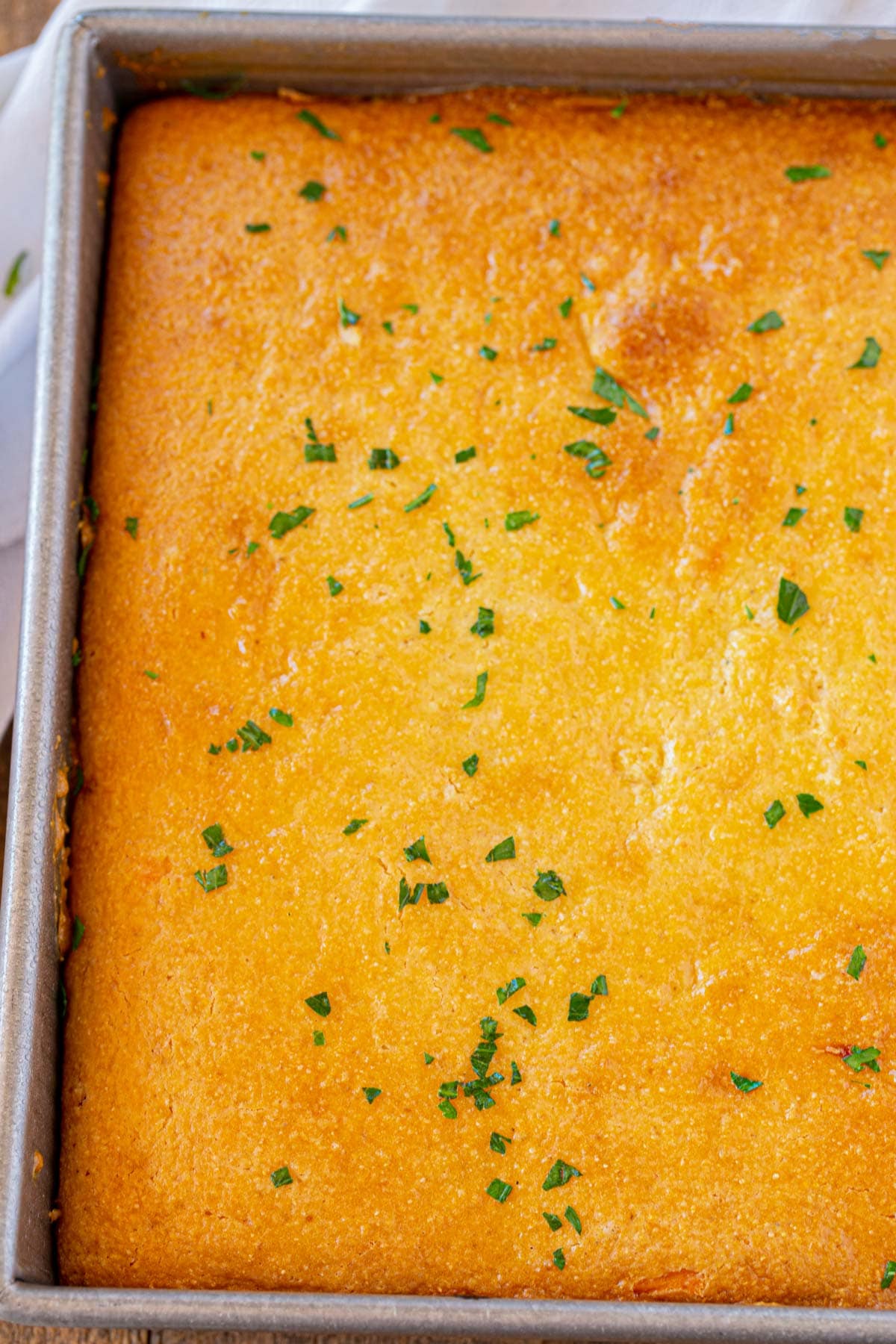 BBQ Beef Cornbread Casserole in baking pan