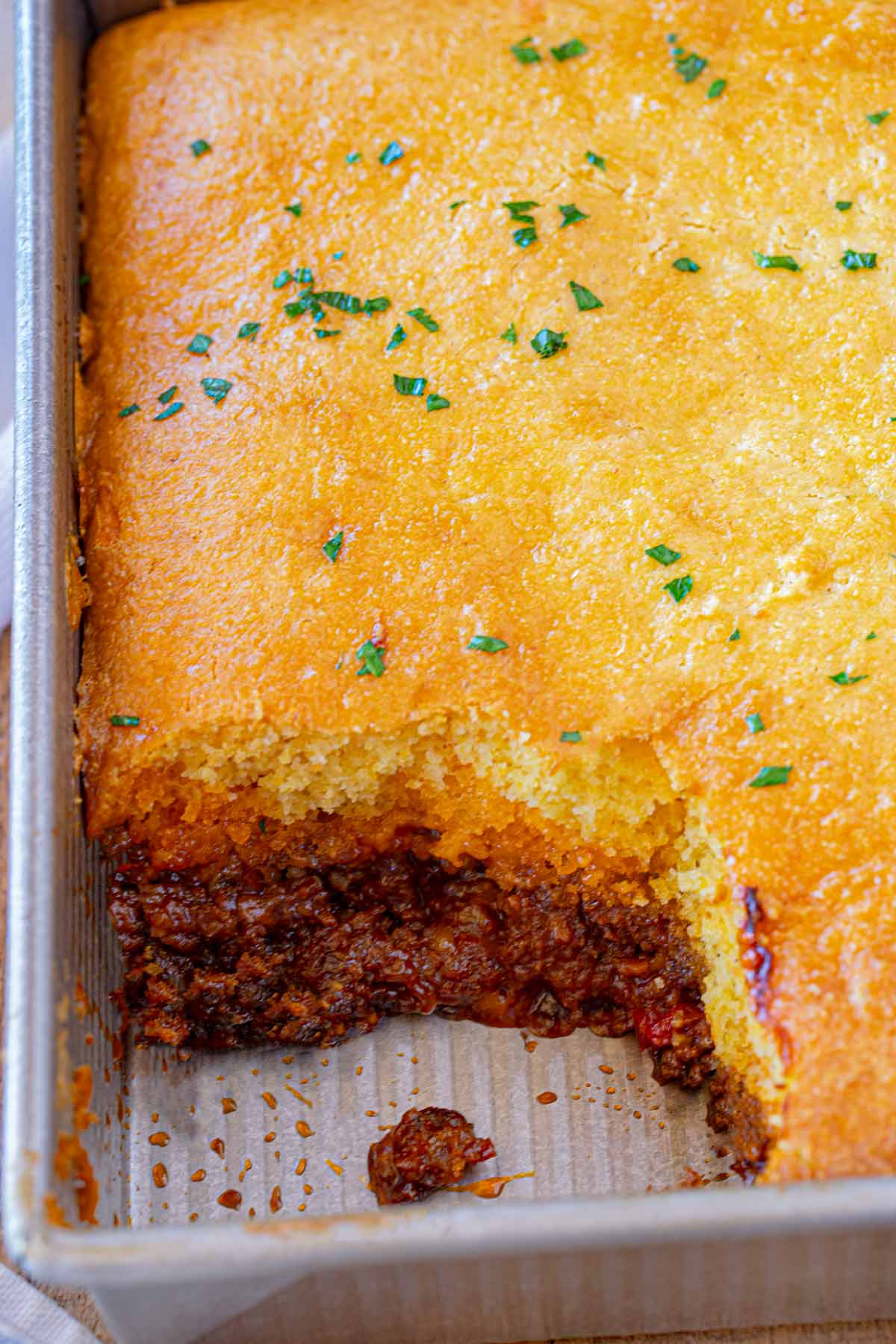 BBQ Beef Cornbread Casserole with scoop removed