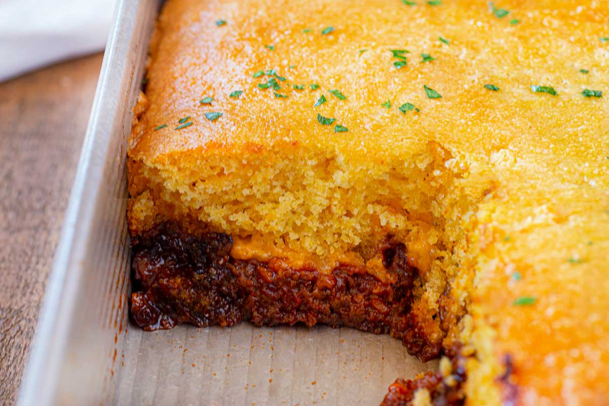 Cross section of BBQ Beef Cornbread Casserole