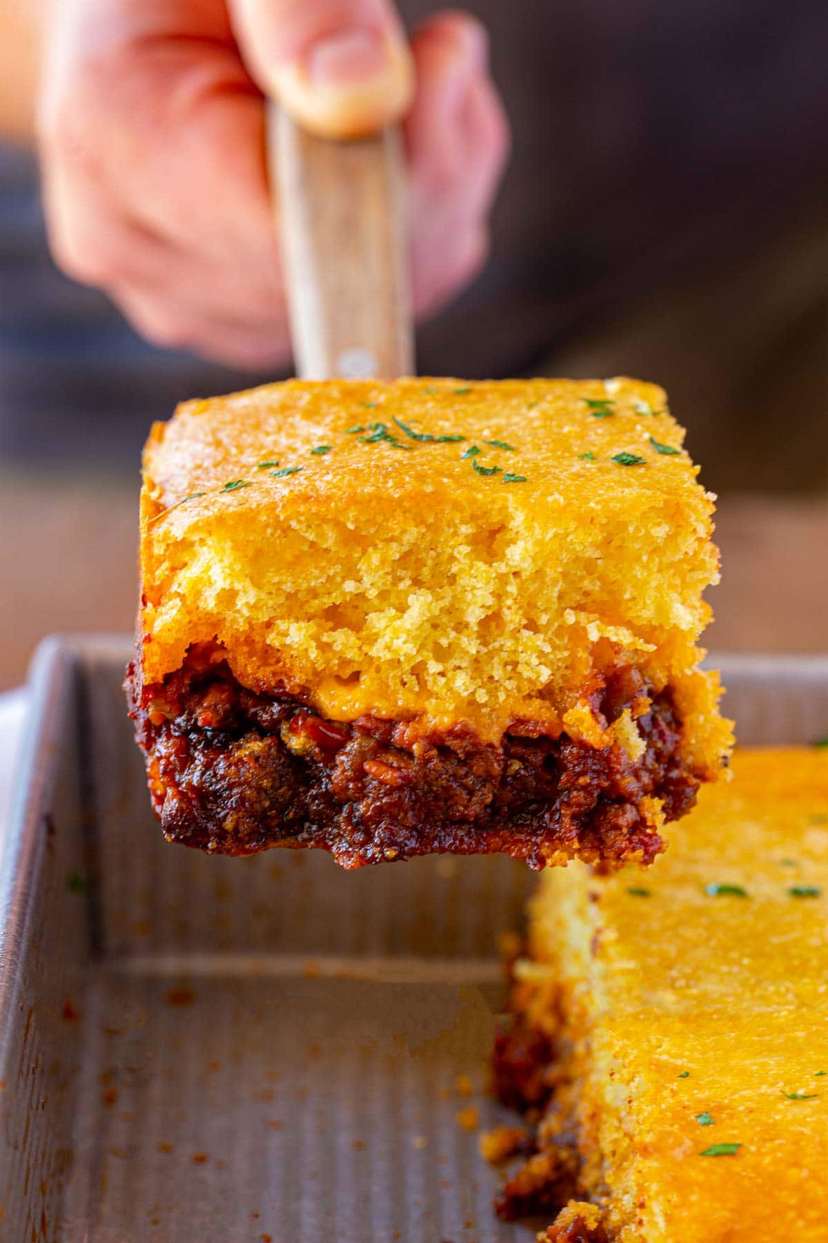 Slice of BBQ Beef Cornbread Casserole