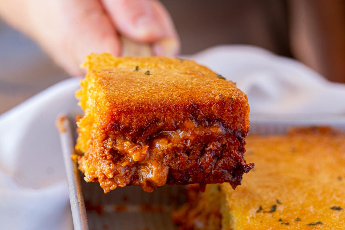 BBQ Chicken Cornbread Casserole serving on spatula