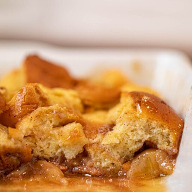 Bananas Foster French Toast Bake cross section in baking pan