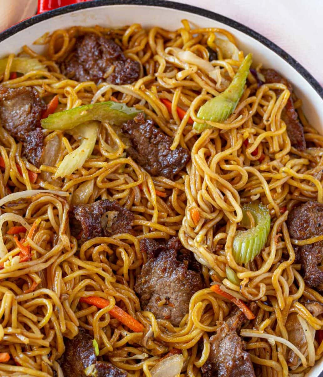 Beef Lo Mein in skillet