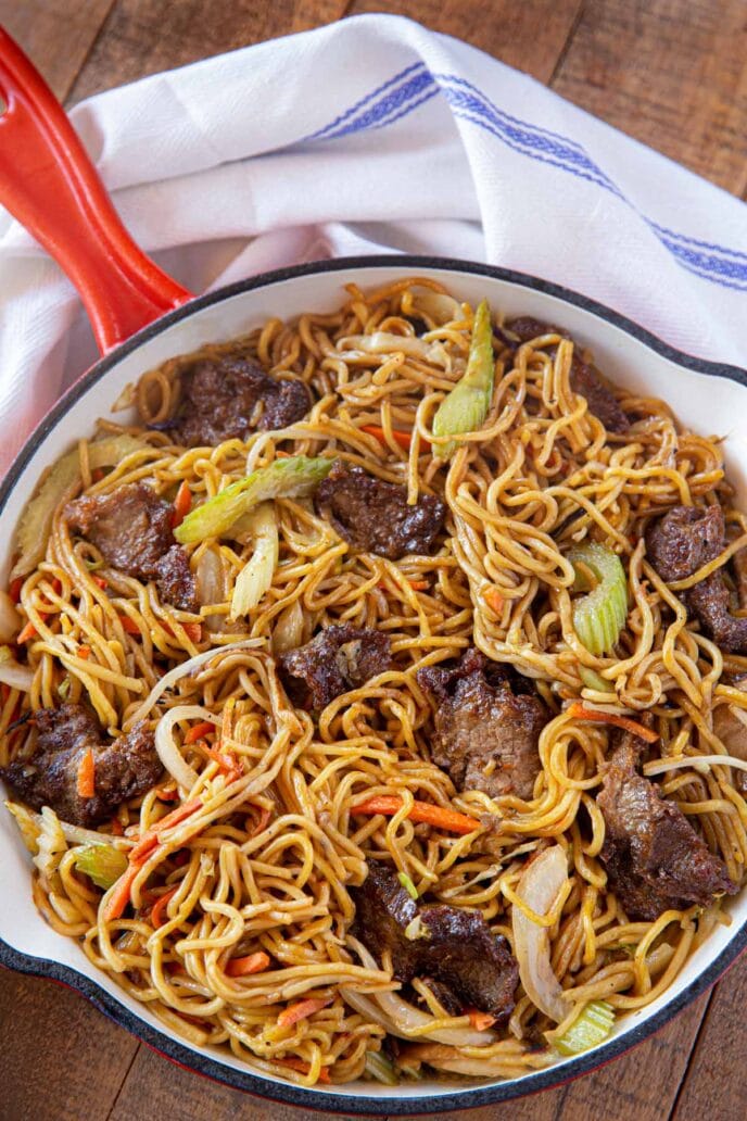 Beef Lo Mein in skillet