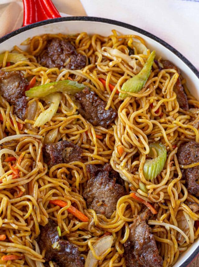 Beef Lo Mein in skillet