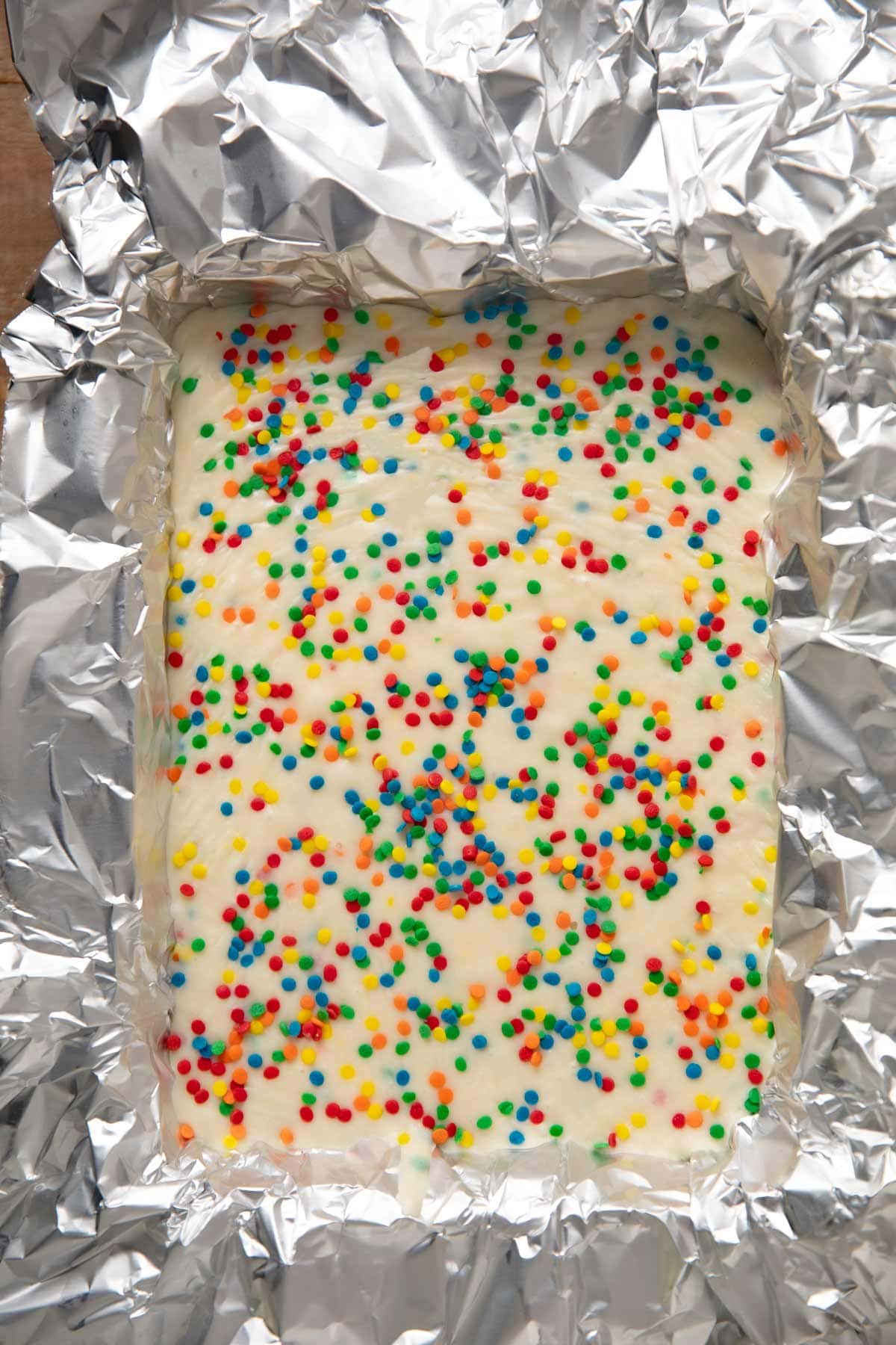 Tray of Birthday Cake Fudge lined with foil