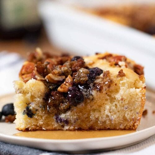Blueberry Breakfast Casserole with Maple Syrup on plate