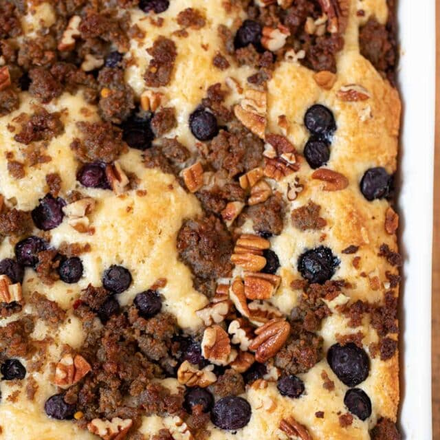 One side of Blueberry Pecan Sausage Casserole in baking dish