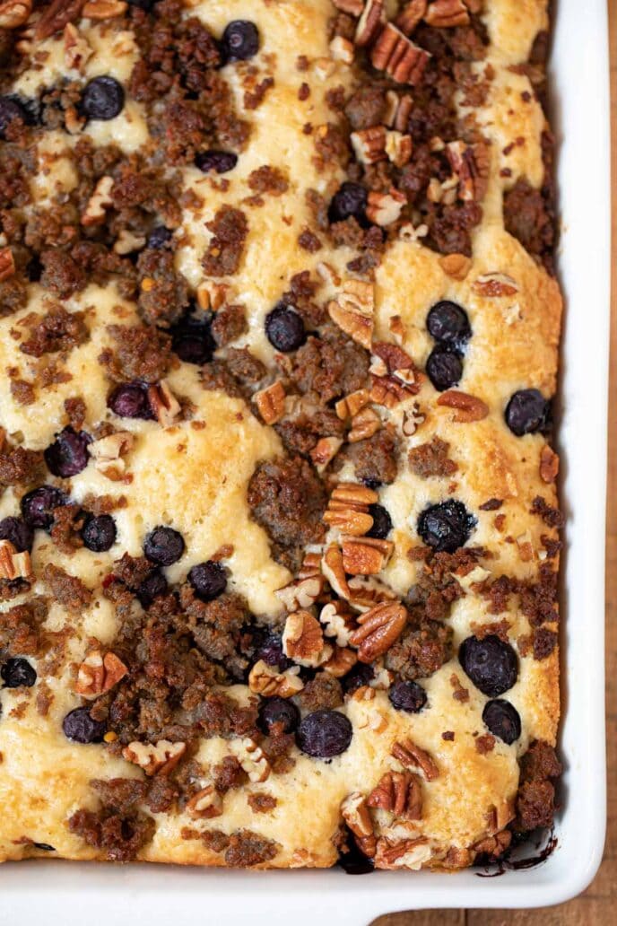 One side of Blueberry Pecan Sausage Casserole in baking dish