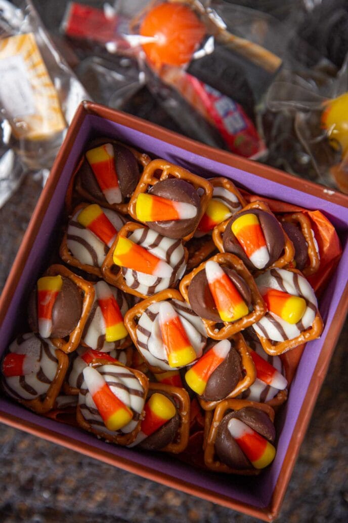 Candy Corn Pretzel Hugs in gift box