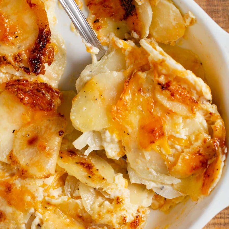 Cheesy Garlic Scalloped Potatoes serving on spoon