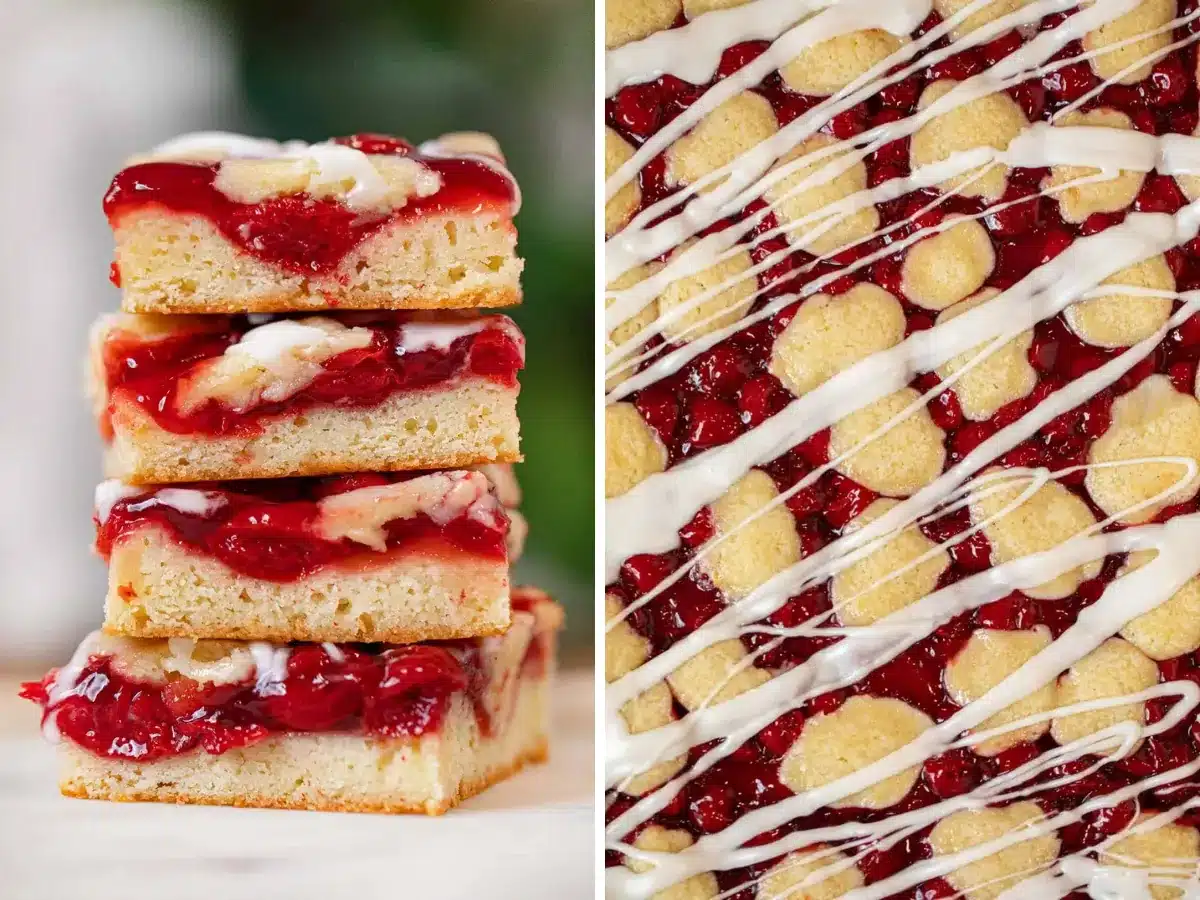 stack of bars and close up of cherry dessert