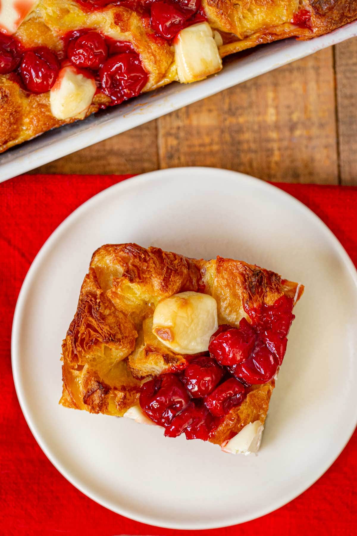 Top down slice of Cherry Danish Breakfast Bake