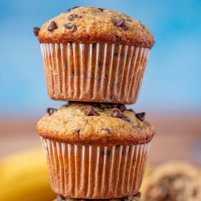 Chocolate Chip Banana Muffins in stack