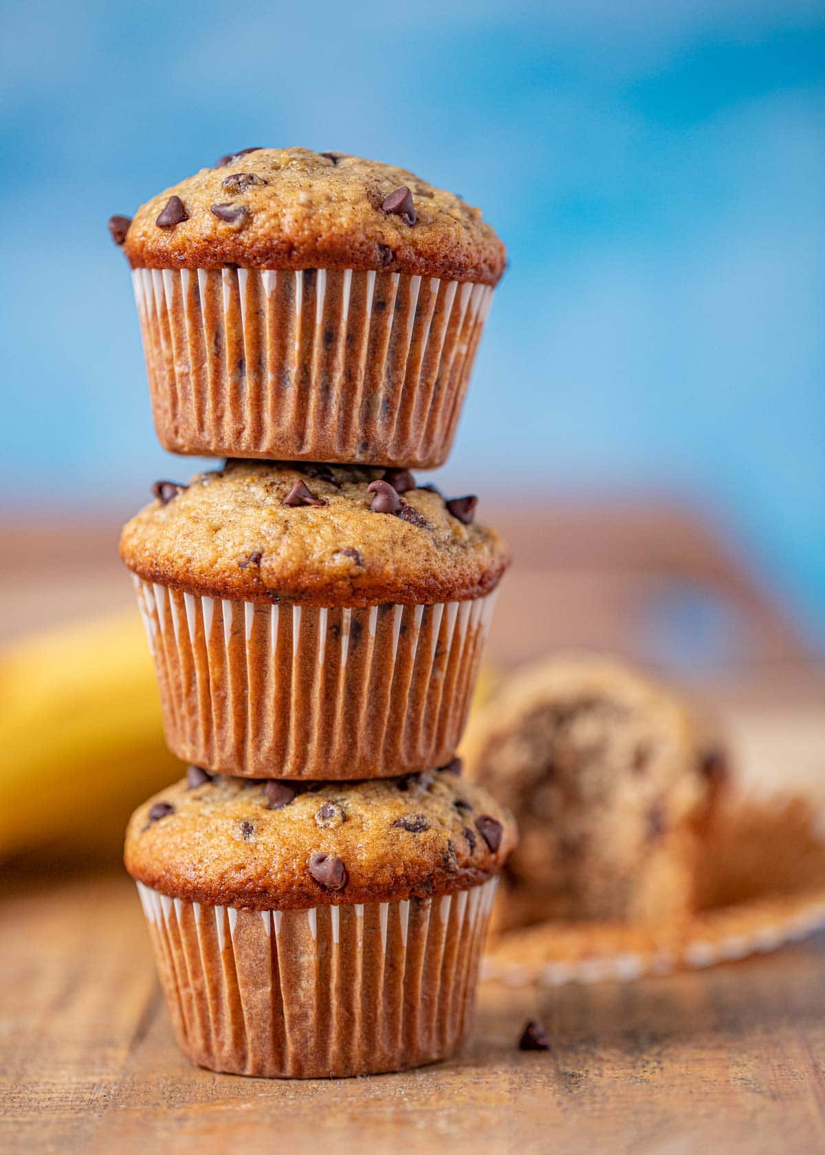 Chocolate Chip Banana Muffins in stack