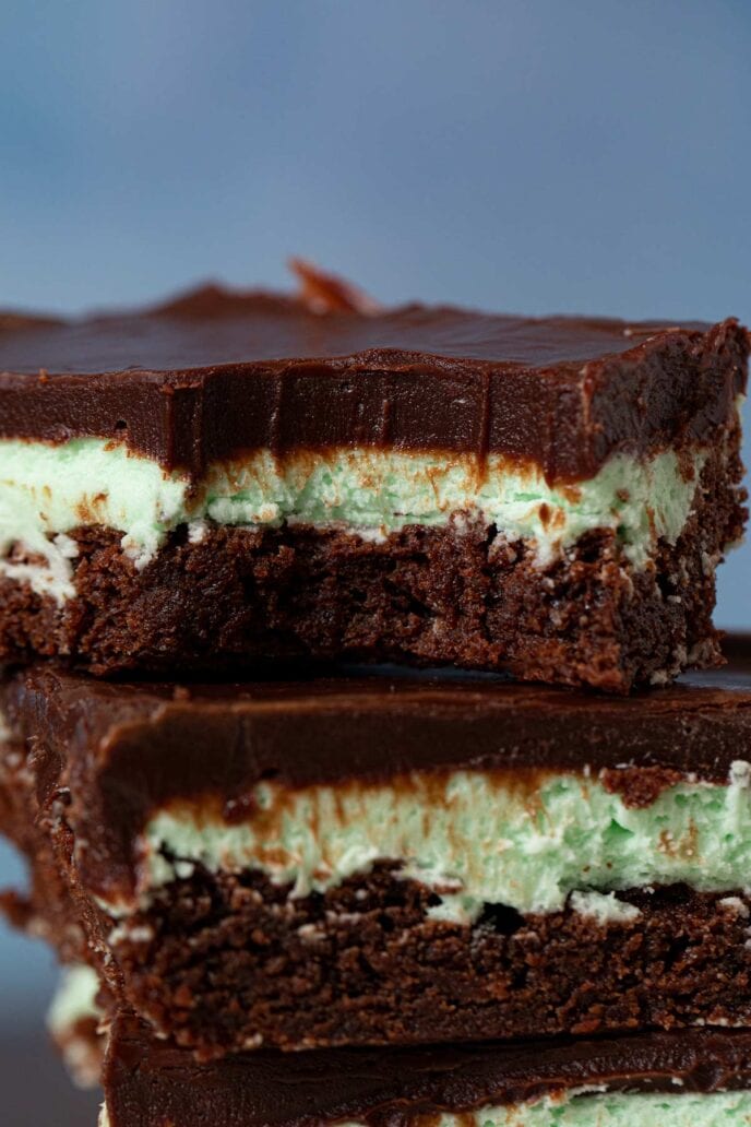 close-up of Chocolate Mint Brownies in stack