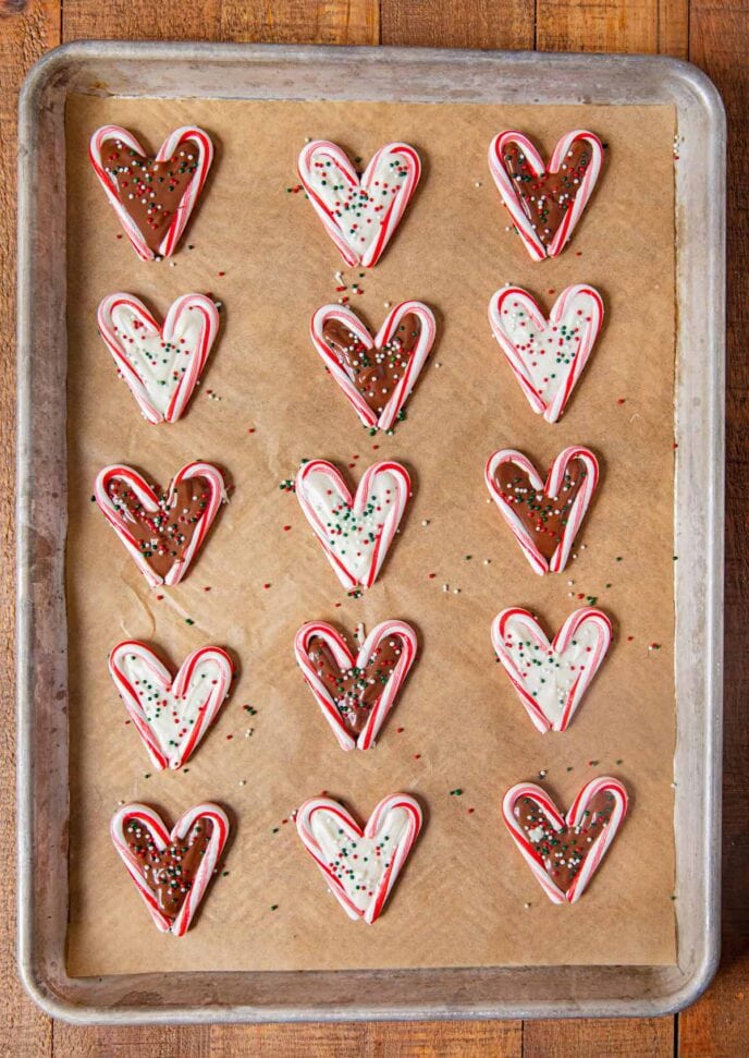 Chocolate Peppermint Hearts lined up on baking sheet