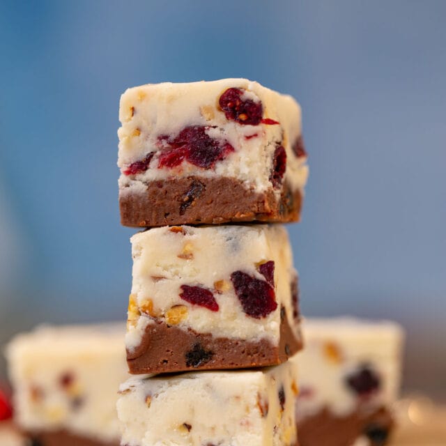 Chocolate Vanilla Fruit and Nut Fudge pieces in stack