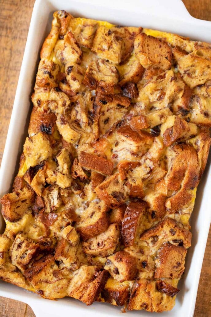 Cinnamon Raisin French Toast Casserole in baking dish