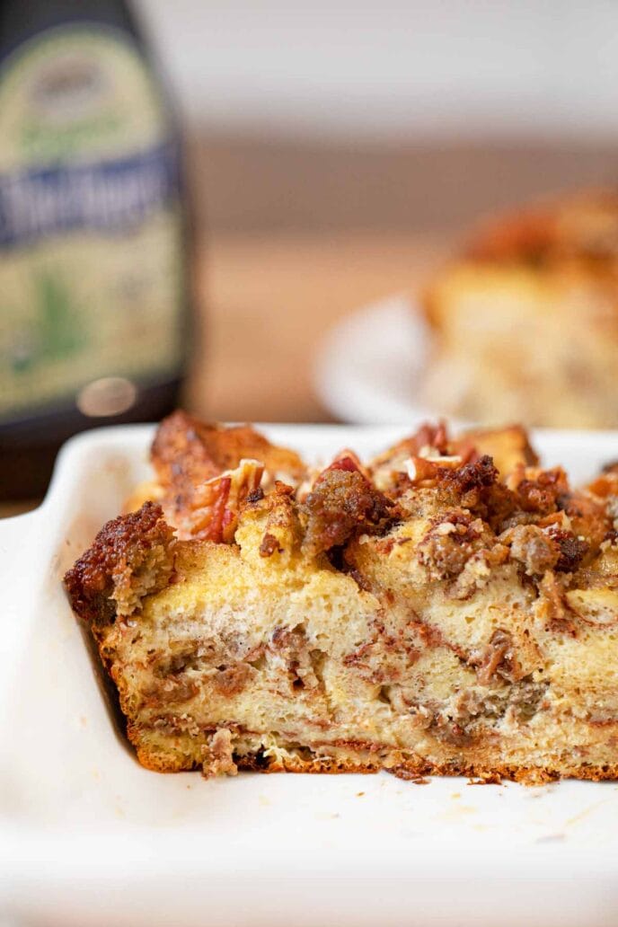 Cinnamon Raisin Sausage Breakfast Bake cross-section in baking dish