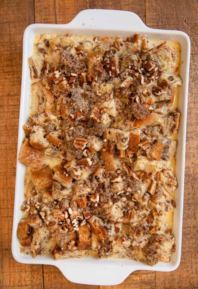 Cinnamon Raisin Sausage Breakfast Bake top view in baking dish