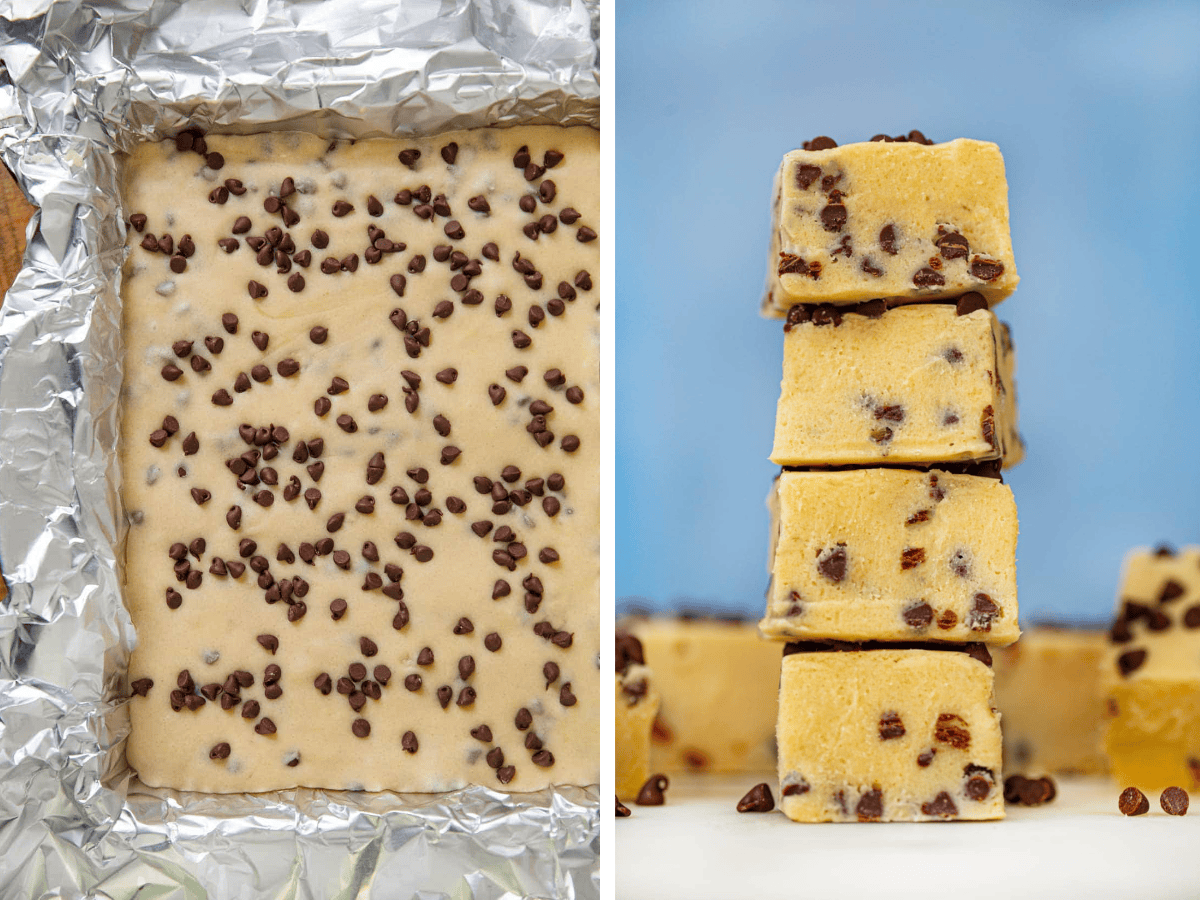 collage of the fudge precut and cut pieces stacked on each other 