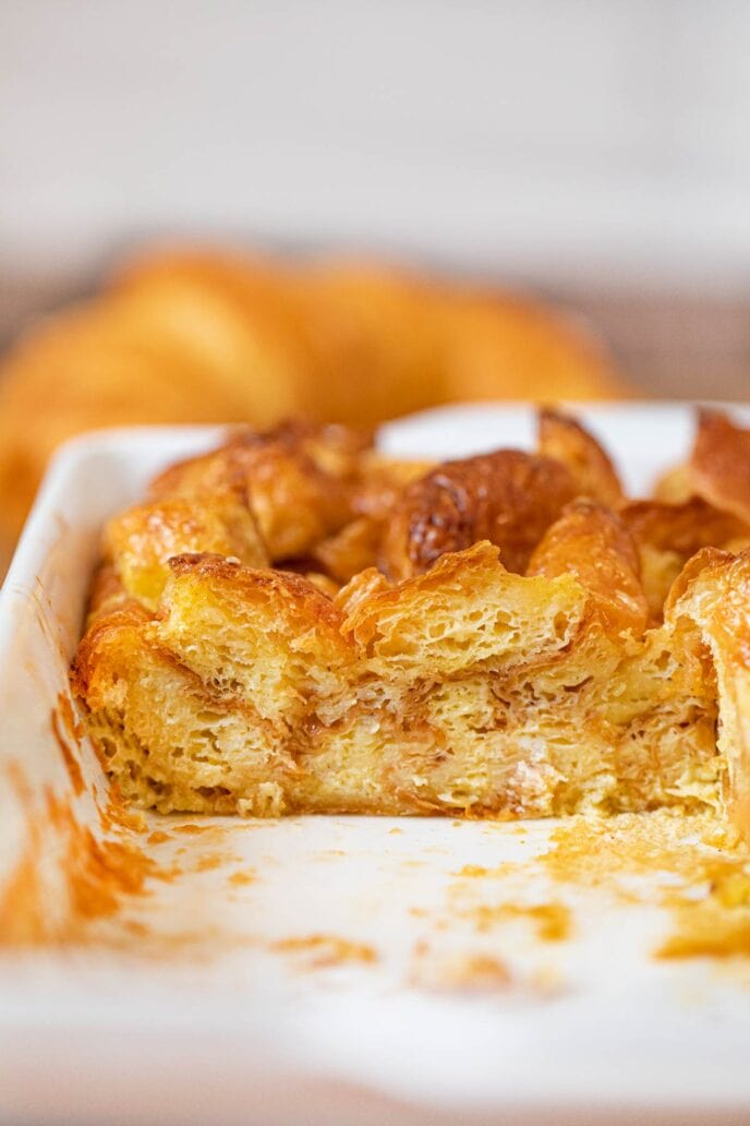 Cross section of Croissant French Toast Bake in baking dish