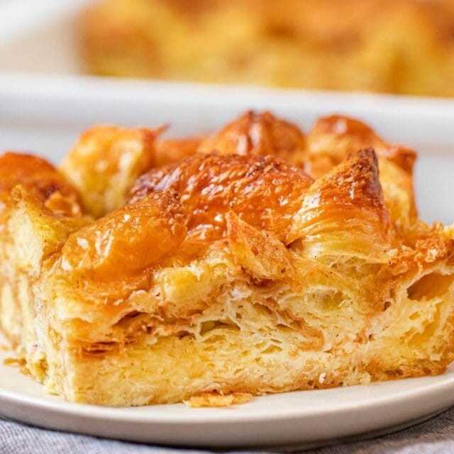 Square of breakfast casserole on a plate