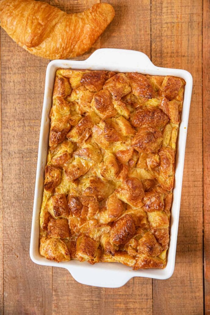 Croissant French Toast Bake in white baking dish