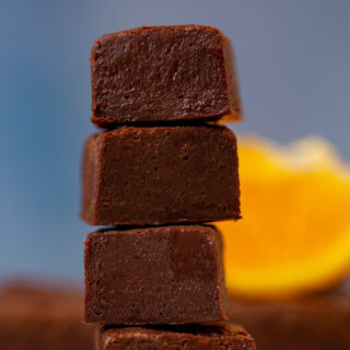 Dark Chocolate Orange Fudge in small stack