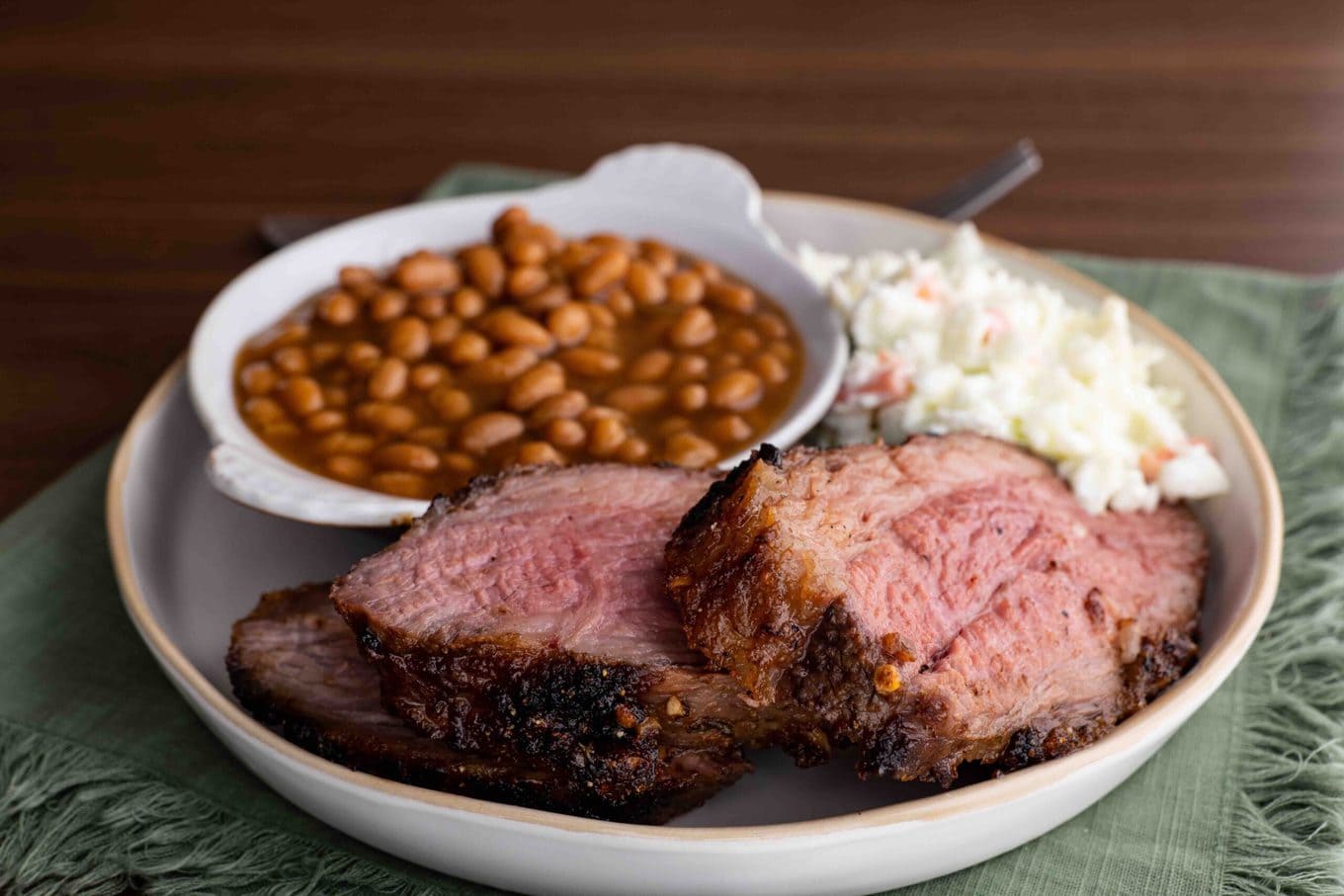 Easy Tri-Tip on plate with coleslaw and beans