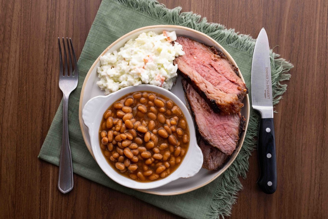 Easy Tri-Tip on plate with coleslaw and beans