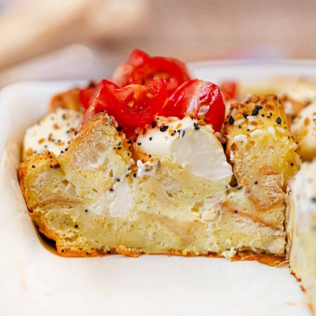 cross section of Everything Bagel Casserole with tomatoes on top