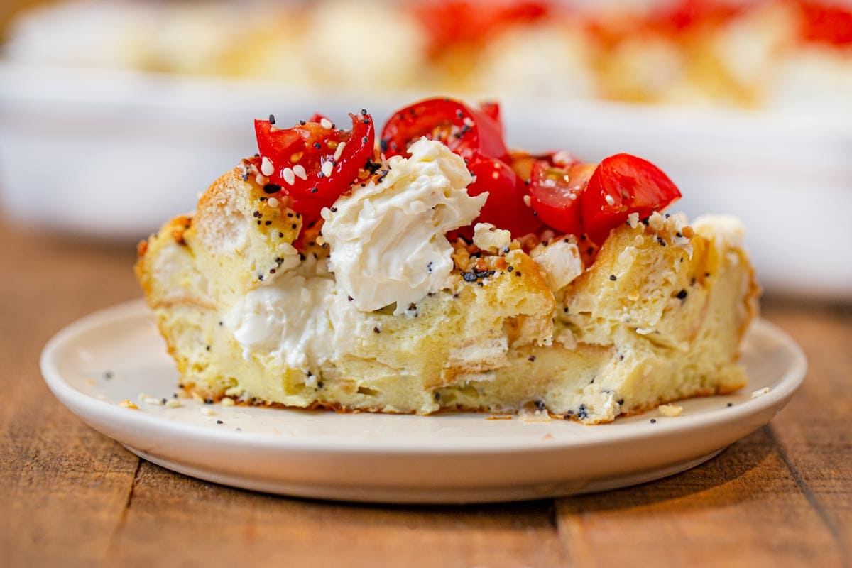 Small slice of Everything Bagel Casserole on plate