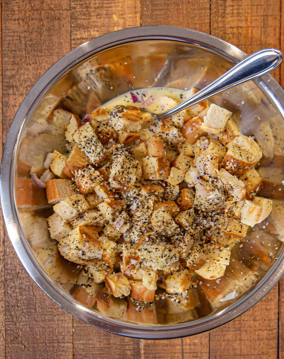 Everything Bagel Casserole ingredients in metal bowl