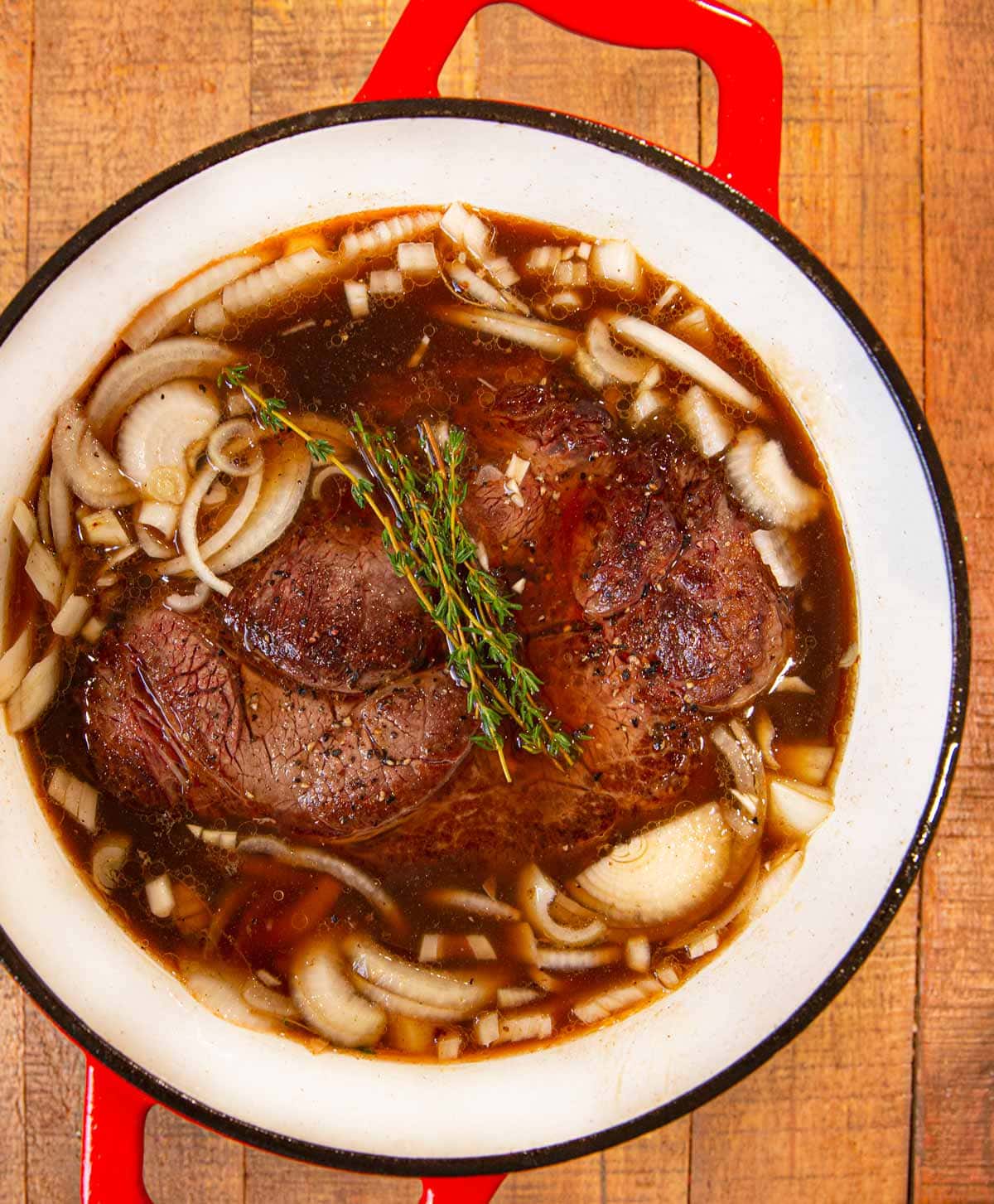 French Onion Pot Roast before braising