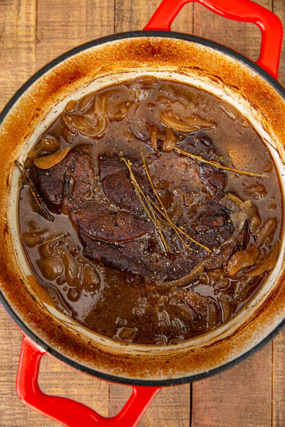 French Onion Pot Roast after braising