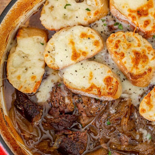 French Onion Pot Roast with Croutons and cheese