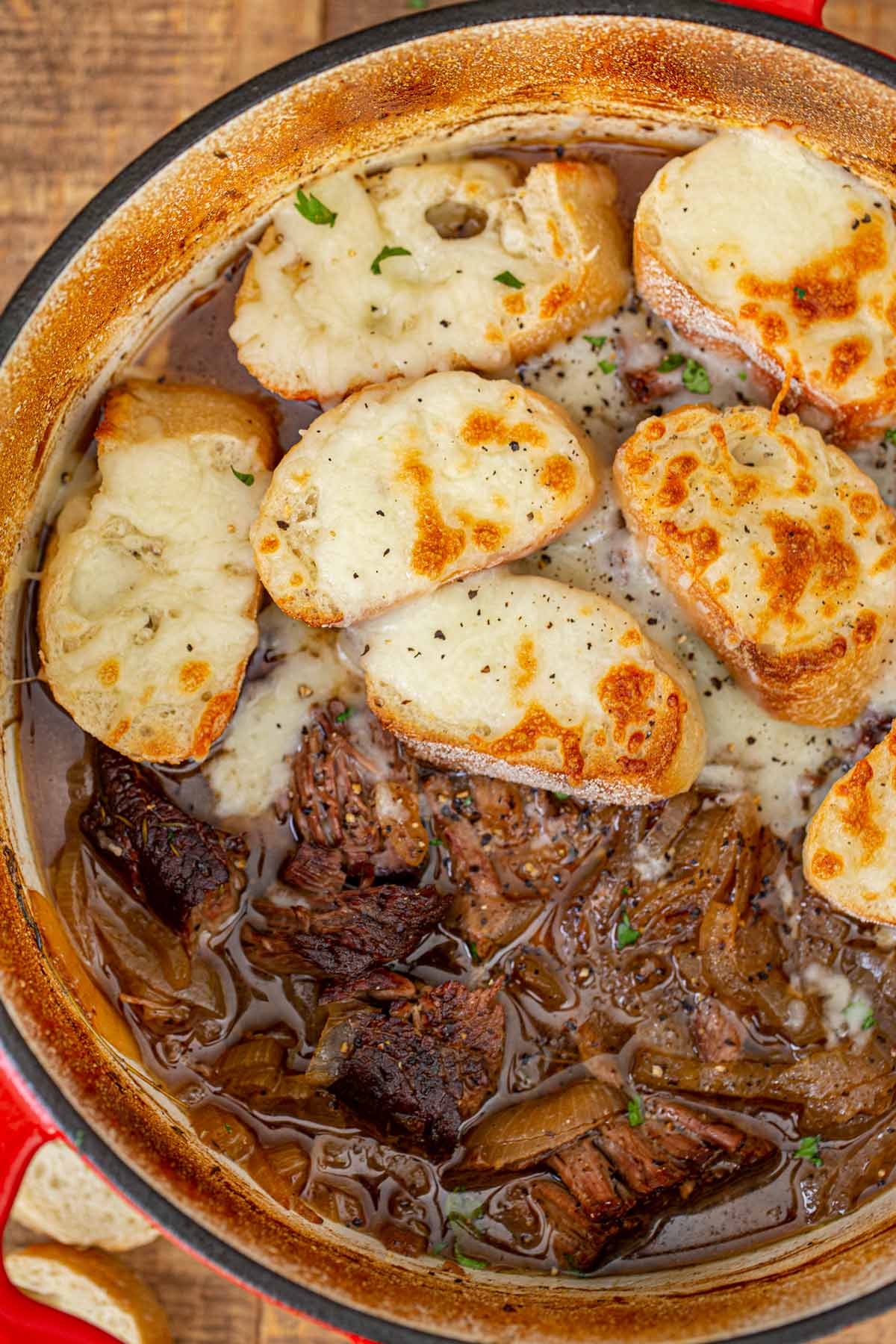 French Onion Pot Roast with Croutons and cheese 