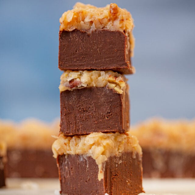 German Chocolate Fudge in a stack