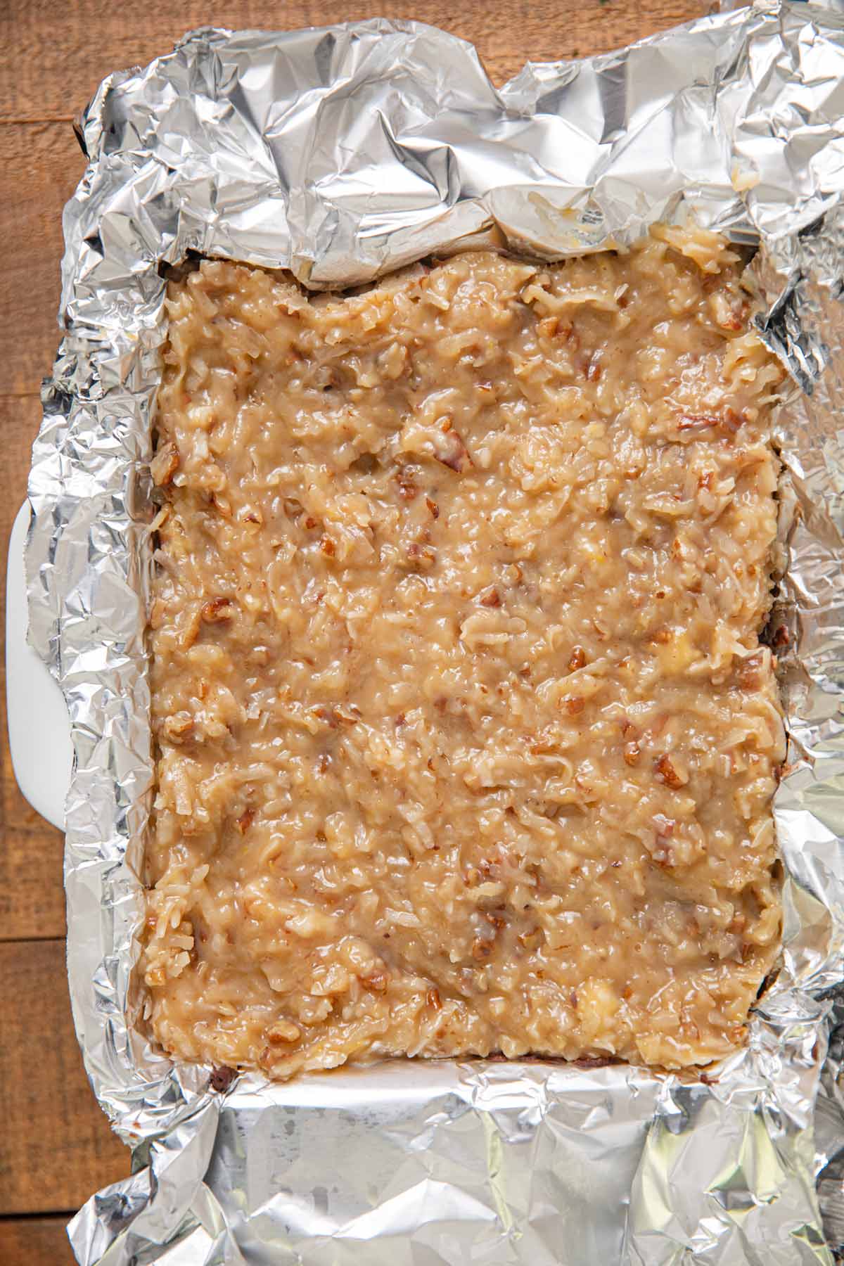 German Chocolate Fudge in baking dish lined with foil