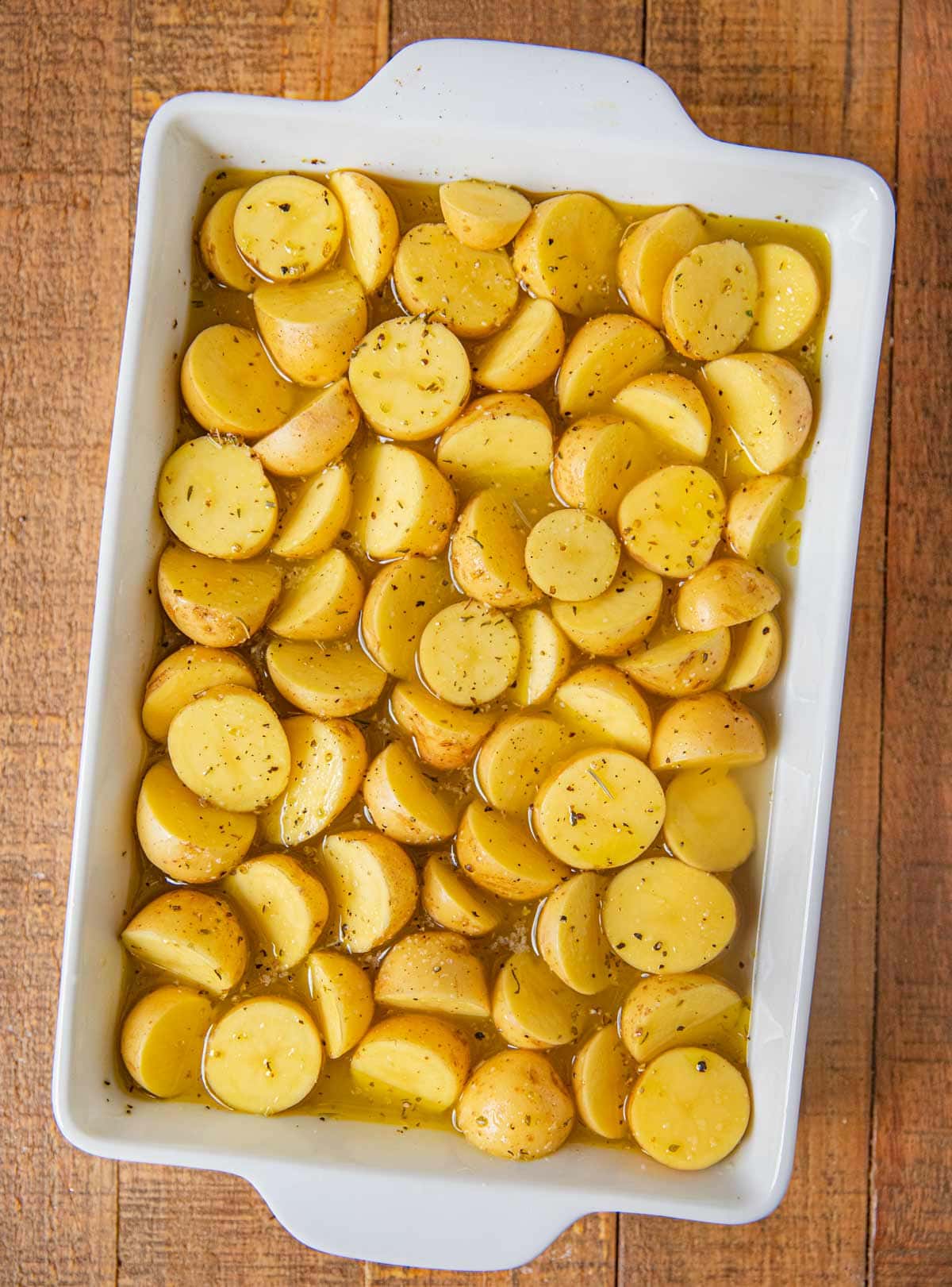 Greek Lemon Potatoes in baking dish before cooking