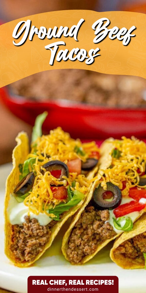 Ground beef in a hard taco shell, topped with sour cream, cheese, lettuce, tomato and black olives.