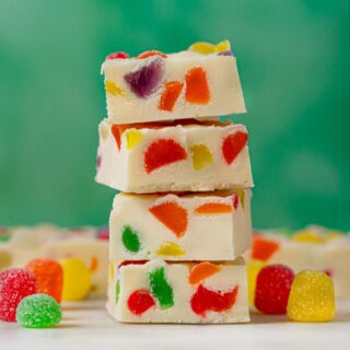 Gumdrop Fudge in a stack with green background